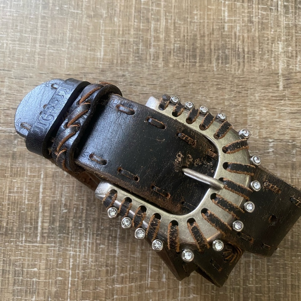 Black Leather Miss Me Belt with brown distressing and rhinestone/pewter buckle